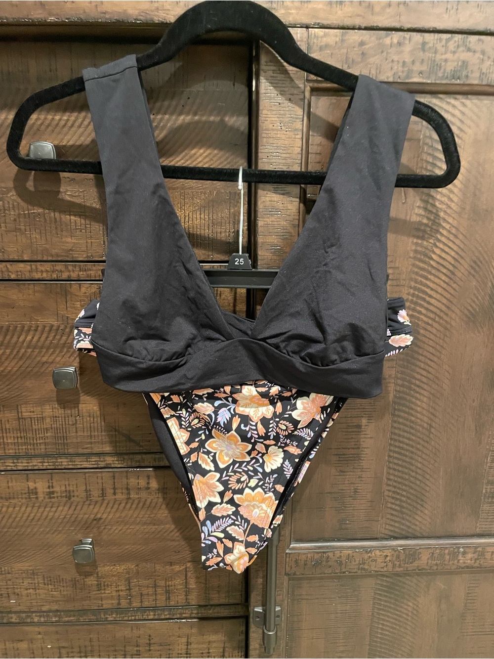 Billabong Black Bikini Top with Peach Floral Bikini Bottom